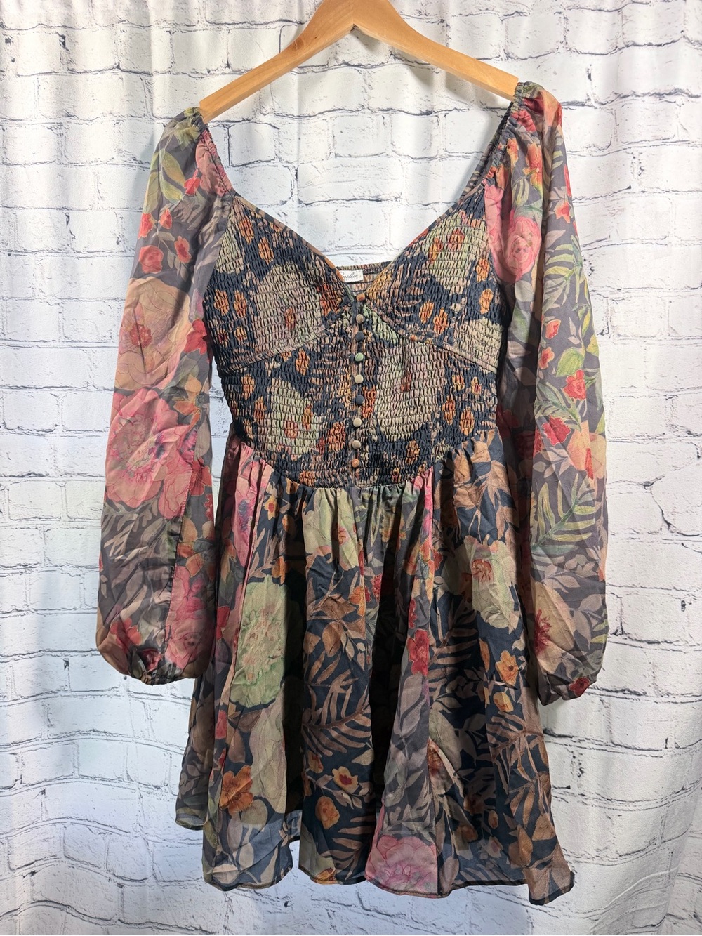 Magnolia Boutique Floral Smocked Long Sleeve Mini Dress - Multicolor